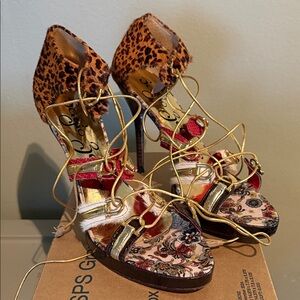Sergio Zelcer Gold Metallic Lace-Up Heels with Leopard and Red Accents